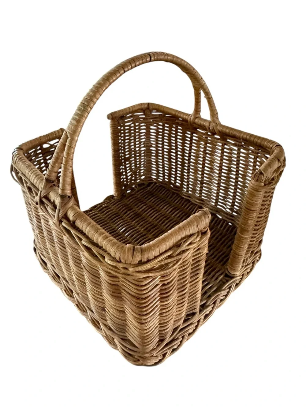 Vtg Woven Wicker Gathering Basket Square Open Sides Cottage Shabby Farmhouse